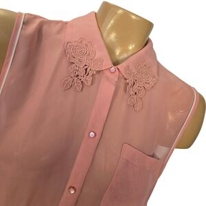 Princess‎ Vera Wang Pink Sleeveless Button Up Shirt Sheer Embroidered Collar XL
